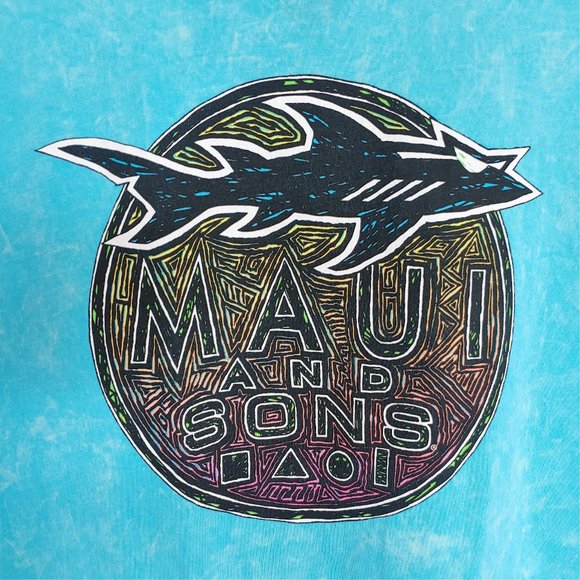Maui & Sons Kali Blue Tie-Dyed Neon Shark Tee M - Picture 3 of 5